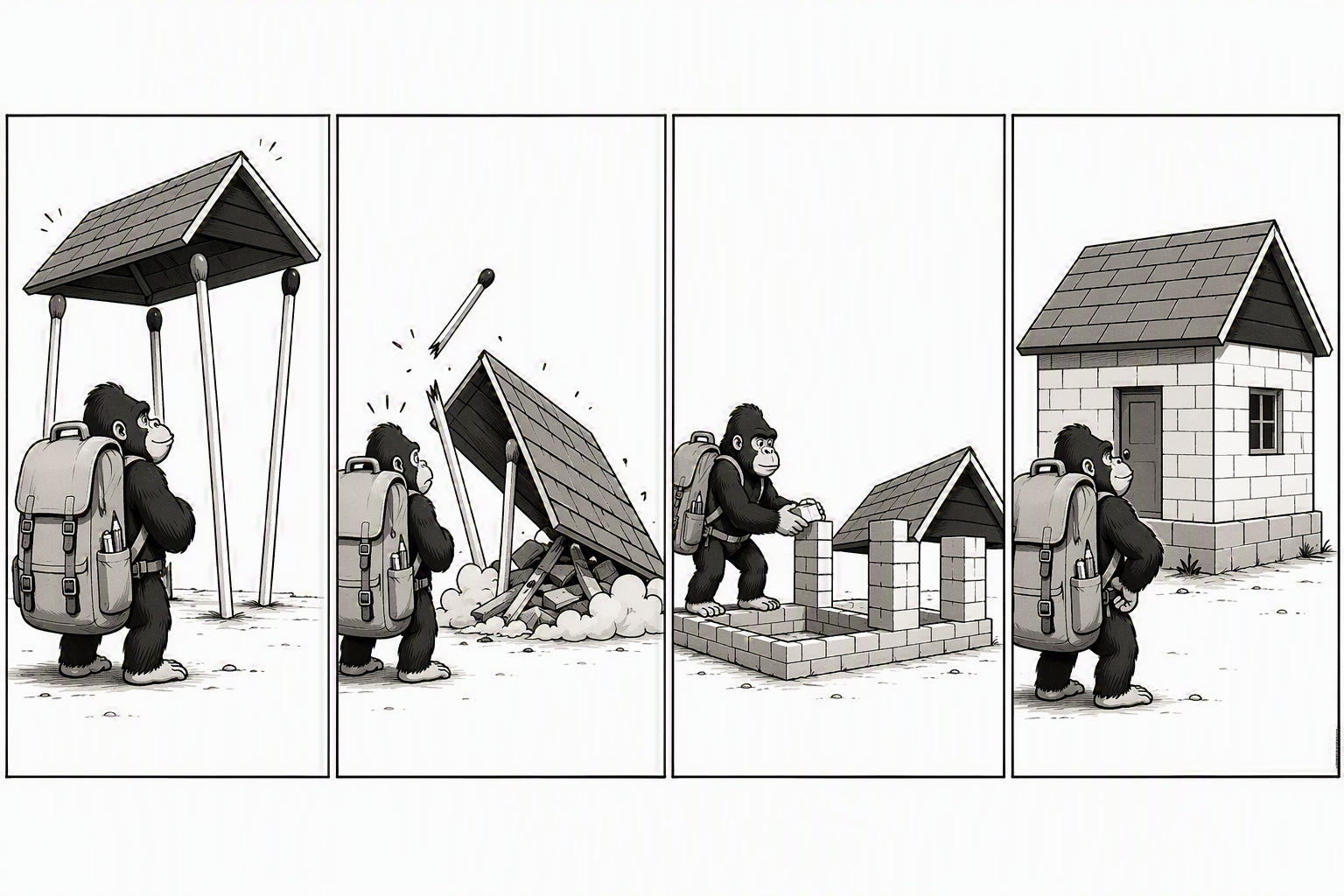 Three-panel comic: a single camel strains alone to pull an overloaded cart uphill; a gorilla sits on a nearby rock pointing and directing; then an organised team of camels, including one small young camel, easily pulls the same loaded cart together.
