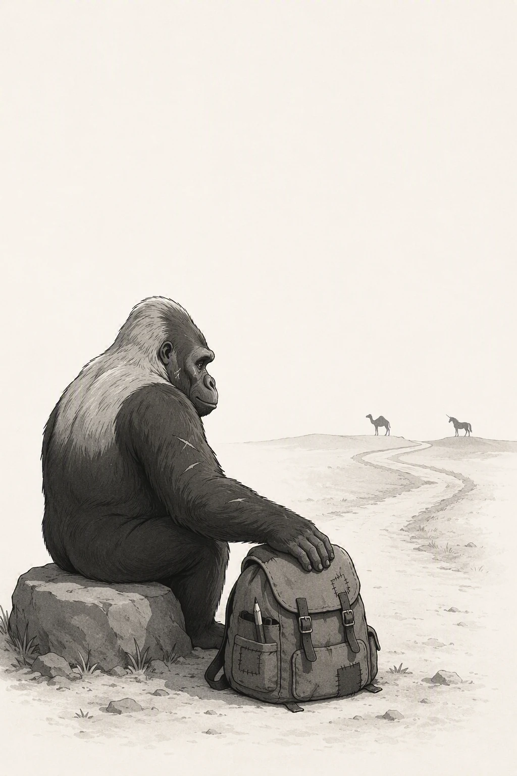 Back cover artwork: the gorilla rests a hand on a patched backpack and looks along a winding desert track towards a distant camel and unicorn.