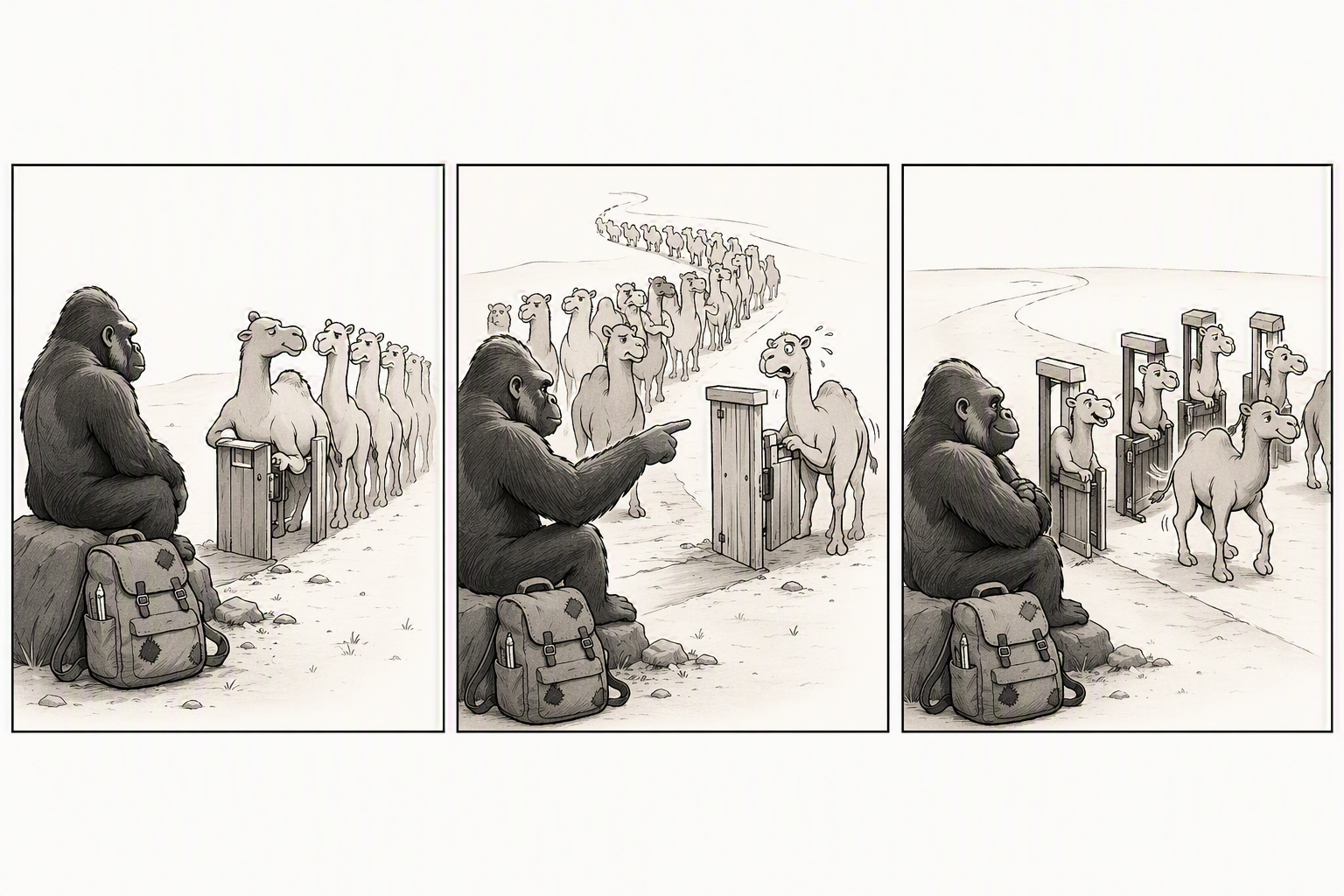Three-panel comic: a scarred gorilla sits on a rock with a patched backpack while a long line of camels stretches back across the desert, all waiting at a single wooden gate; the gorilla points to the same gate as the first camel in line sweats nervously and a distant camel herd winds across the horizon; the gate has multiplied into several parallel turnstiles, and the camels now pass through smoothly while the gorilla watches with arms crossed.