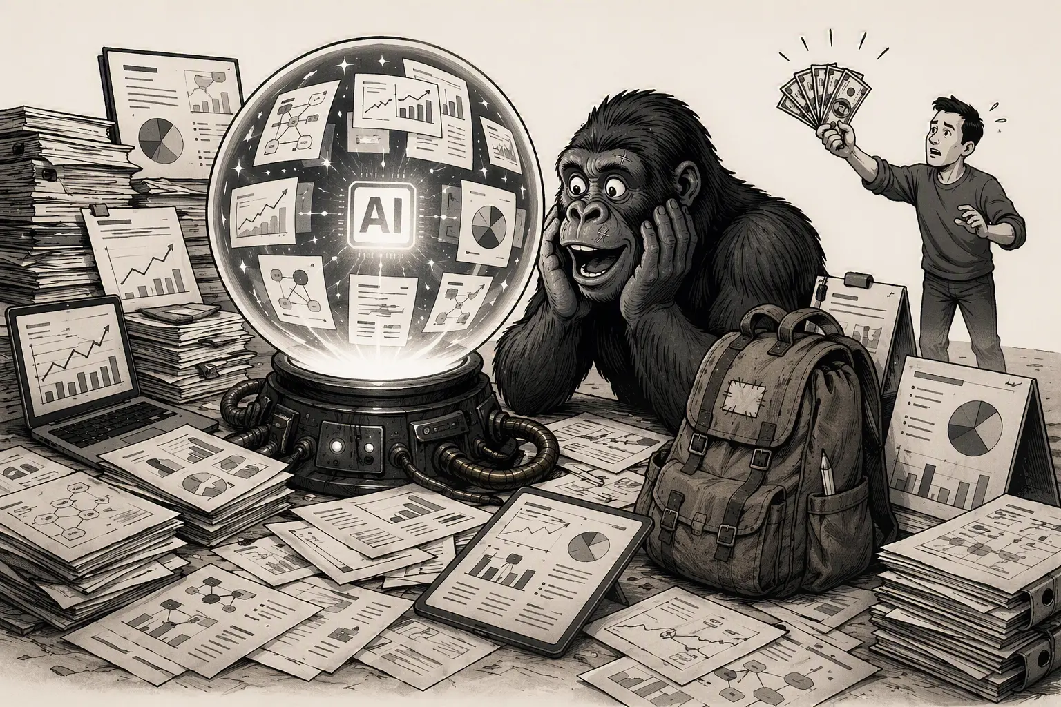 Surrounded by stacks of charts and reports, the gorilla stares open-mouthed into a glowing crystal ball labelled AI while a man waves a fan of banknotes.