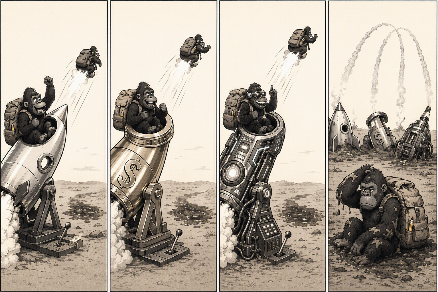 Four-panel comic: a scarred gorilla with a backpack sits in a small rocket on a launch frame and cheers as it lifts off; the rocket is replaced by a larger brass cannon-shaped craft stamped with a dollar sign; then by an elaborate armoured machine bristling with dials and controls; finally the same gorilla sits muddy and dejected in a crater littered with crashed rockets while smoke trails arc overhead.