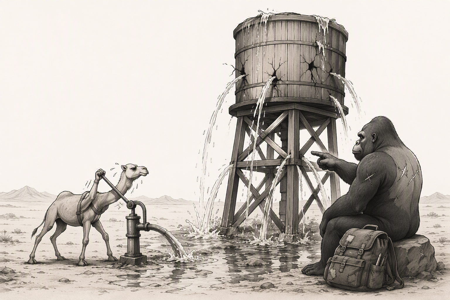 A camel works a hand pump, sending water into a large wooden water tower that is cracked in several places and leaking from every crack, while a gorilla sits on a rock beside its backpack and points at the leaks.