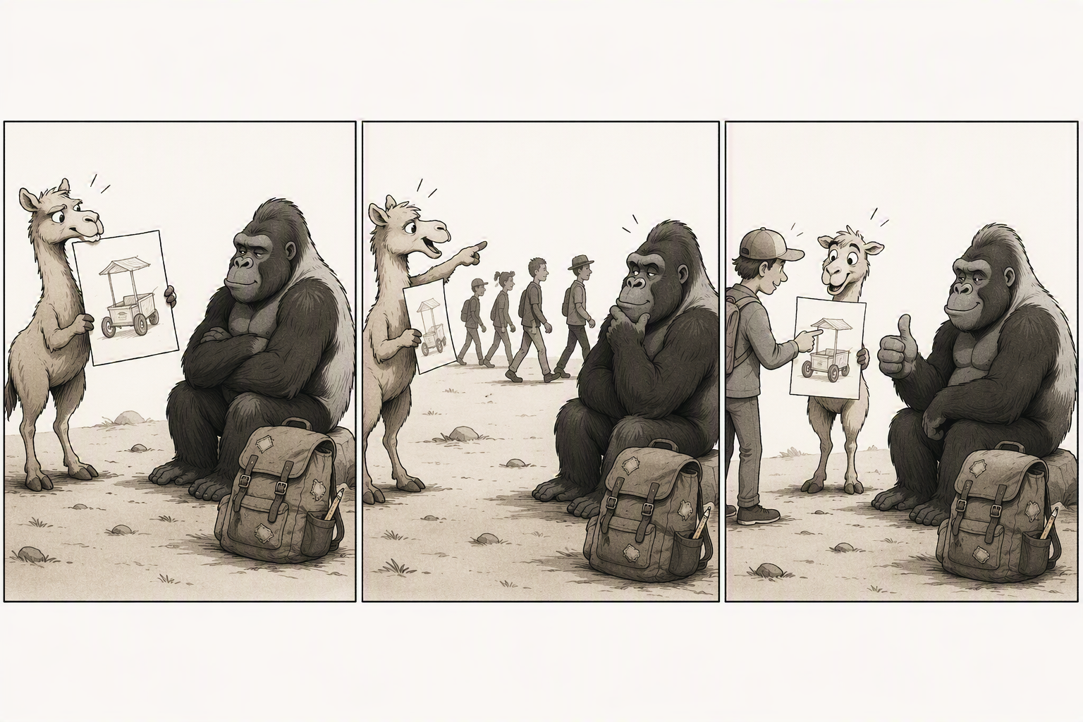 Three-panel comic: a camel holds up a hand-drawn design of a market stall to a skeptical, arms-crossed gorilla; in the next panel the camel points excitedly at a small crowd of people walking past while the gorilla looks thoughtful; in the final panel a young man wearing a backpack stands beside the camel, pointing at the same drawing with a thumbs up, and the gorilla also gives a thumbs up.