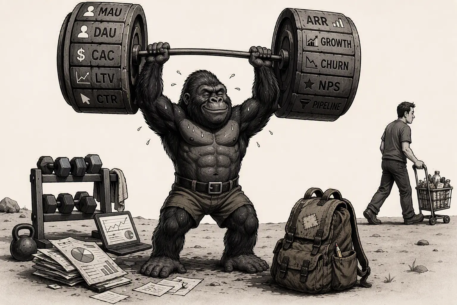 The gorilla strains to press a barbell whose plates are labelled with metrics. MAU, DAU, CAC, LTV and CTR are on one side; ARR, growth, churn, NPS and pipeline are on the other. A man wheels a trolley past, unimpressed.