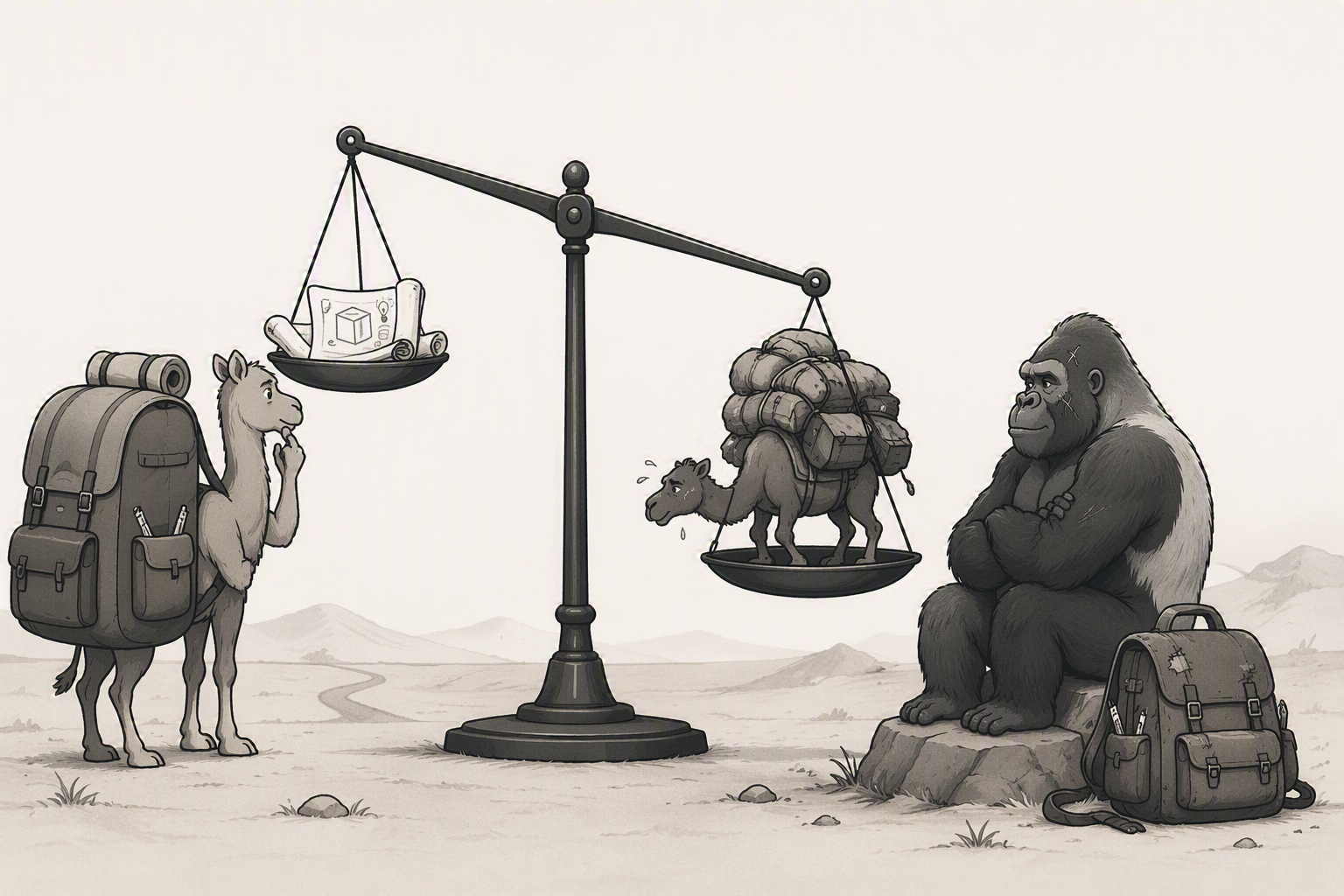 A camel wearing a large backpack stands on the left of a tall balance scale, looking up at the pans. The left pan holds a few rolled scrolls and a flat sheet showing a simple diagram. The right pan holds a second camel loaded with heavy saddlebags, straining under the weight and sweating. On the far right, a scarred gorilla sits on a rock with arms crossed, a patched backpack resting beside it, watching the scale.