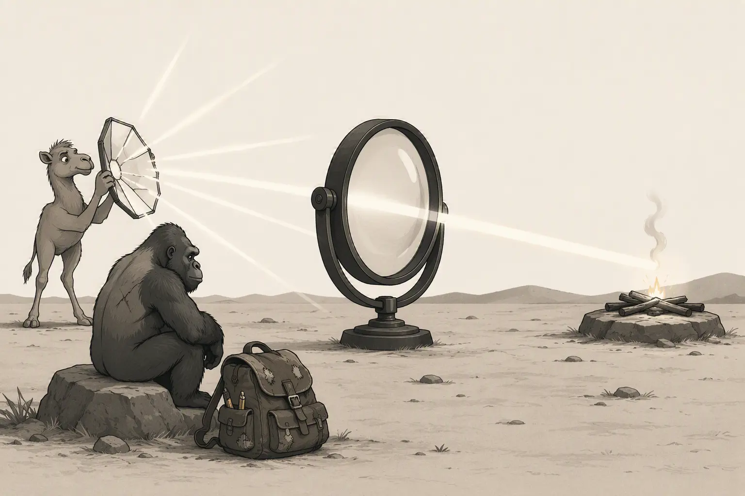 A camel aims a reflector at a large lens that concentrates scattered light into a single beam, lighting a small fire while the gorilla watches.