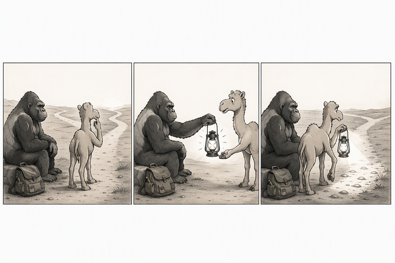 Three-panel comic: a scarred gorilla sits on a rock beside a patched backpack, facing a young camel at a fork in a desert track; the gorilla hands the camel a lit lantern, which the camel accepts; the camel then walks away down its chosen path, holding the lantern so it lights the ground ahead, while the gorilla stays seated and watches.