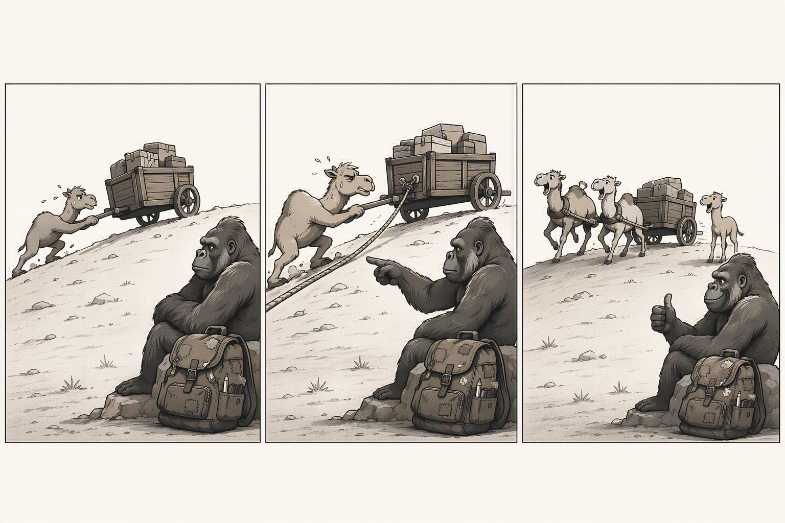 Four-panel comic: a gorilla with a backpack studies a roof propped up on nothing but matchsticks; the matchsticks snap and the roof collapses in a cloud of dust; the gorilla then lays a proper block foundation and builds walls under the same roof; finally it stands beside a finished, solid block house.