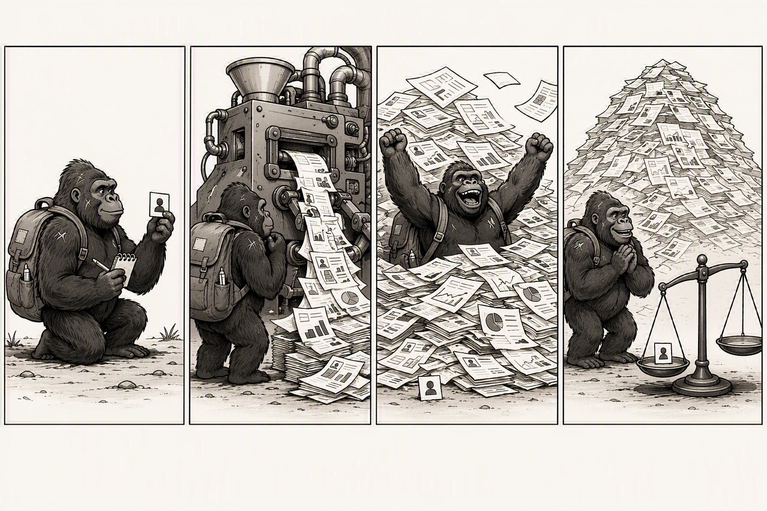 Four-panel illustration: a gorilla studies a single candidate card and takes notes; a machine then mass-produces identical cards in a stream; the gorilla cheers waist-deep in the resulting pile; finally a balance scale weighs that entire mountain of paper against one single card, and the single card holds its own.