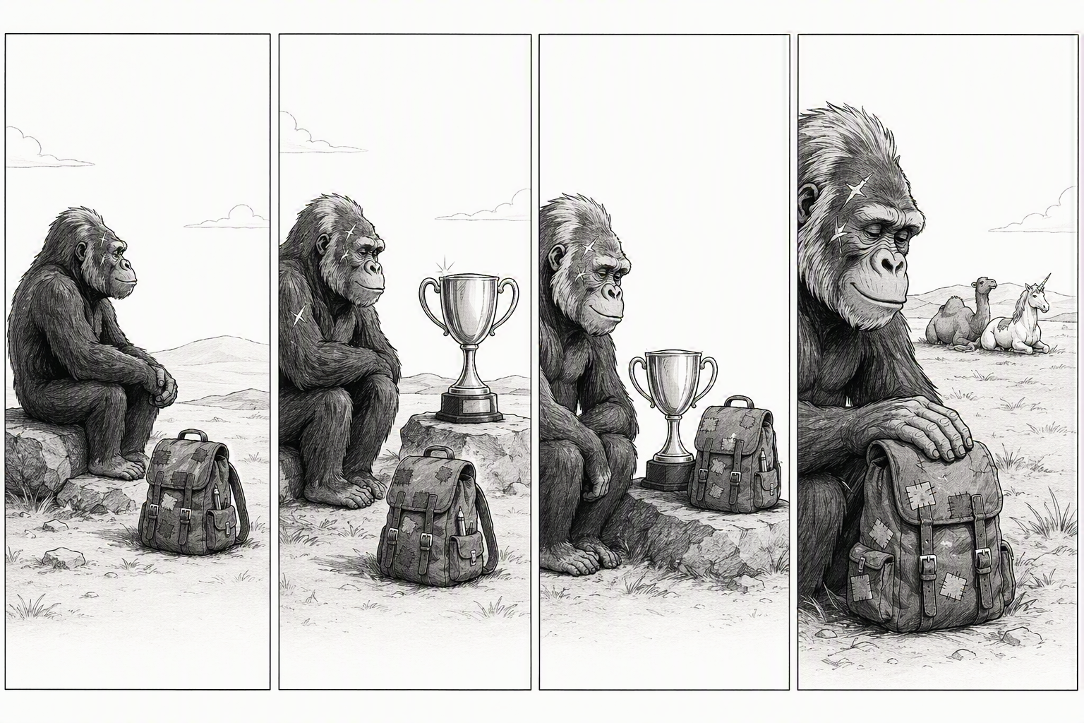 Four-panel comic: the same scarred gorilla sits alone on a rock in an empty landscape; a shining trophy appears on a pedestal beside it and the gorilla looks at the trophy; the gorilla looks away from the trophy and sits beside its patched backpack; the gorilla, now more weathered with additional small scars, rests a hand on the patched backpack and looks calmly across the ground toward a camel and a unicorn standing together on the horizon.