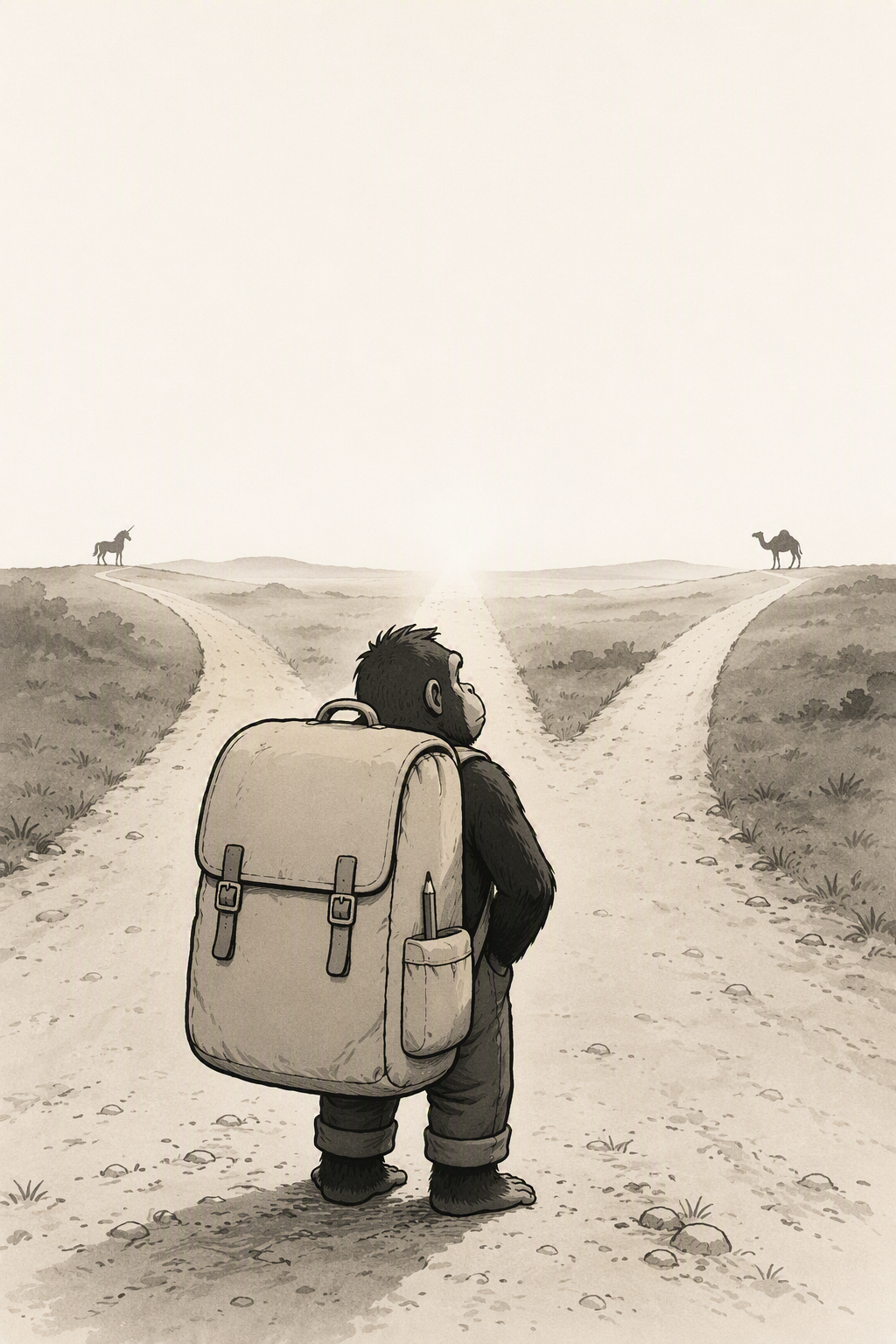 A young gorilla wearing a large patched backpack with a pencil in its side pocket stands with its back to the viewer at a fork in a dusty track. The left path curves away over a rise where a small unicorn stands on the horizon; the right path curves away to where a camel stands on the horizon; a faint third track runs straight into the light between them.