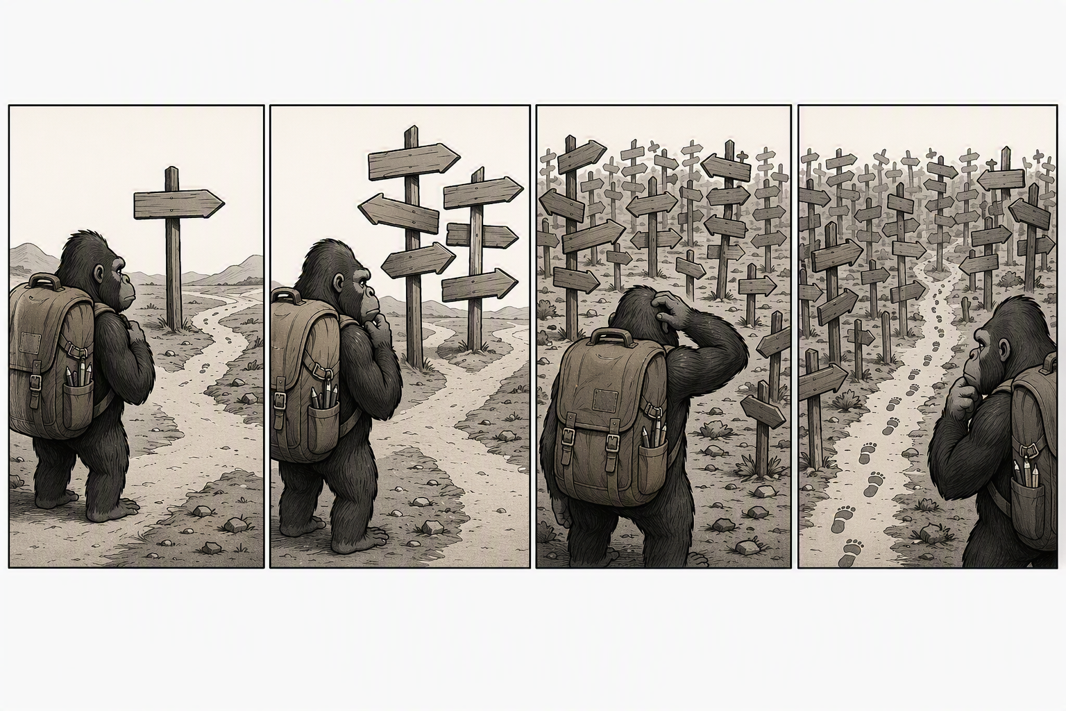 Four-panel illustration: a gorilla with a backpack faces a single wooden signpost, which multiplies panel by panel into a dense forest of contradictory arrows pointing every direction, until a single narrow footpath marked with footprints emerges through the clutter.