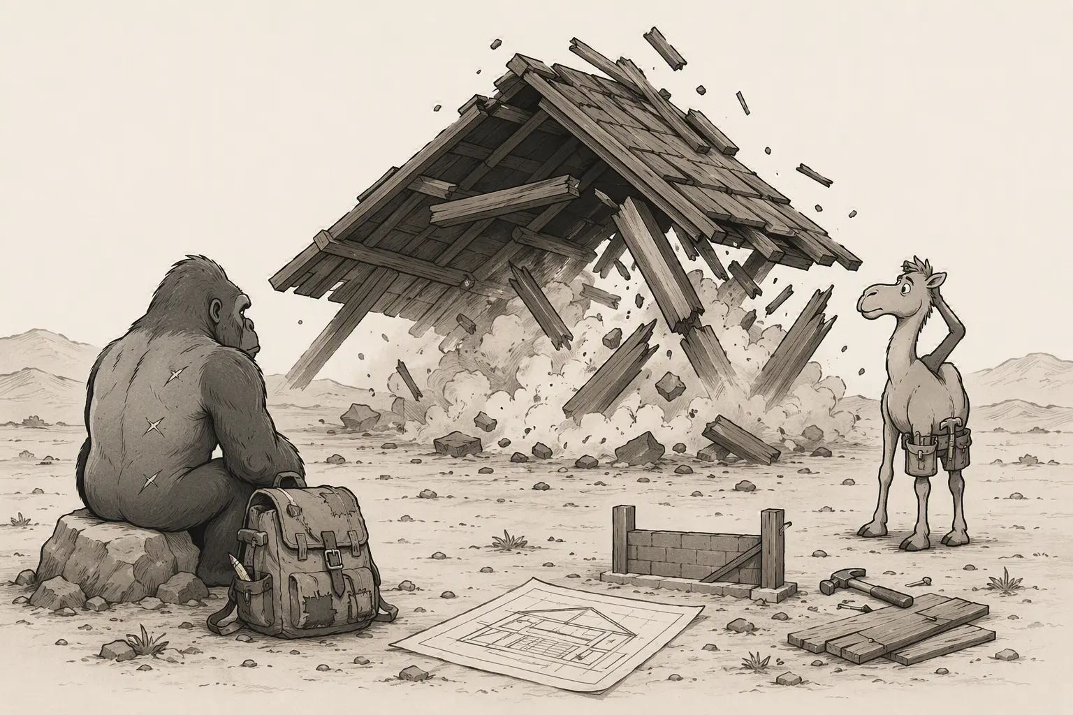 A timber roof collapses in a cloud of dust beside an unfinished wall and a blueprint on the ground; the gorilla sits watching while a camel with a tool belt scratches its head.