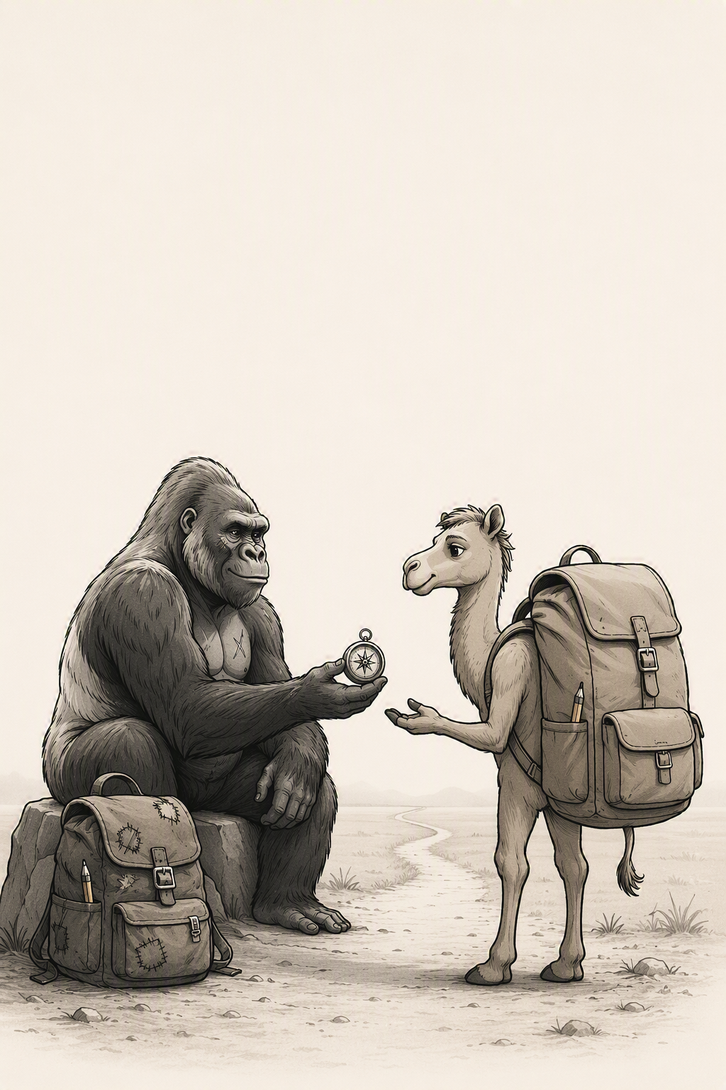 Illustration of a gorilla handing a compass to a camel founder