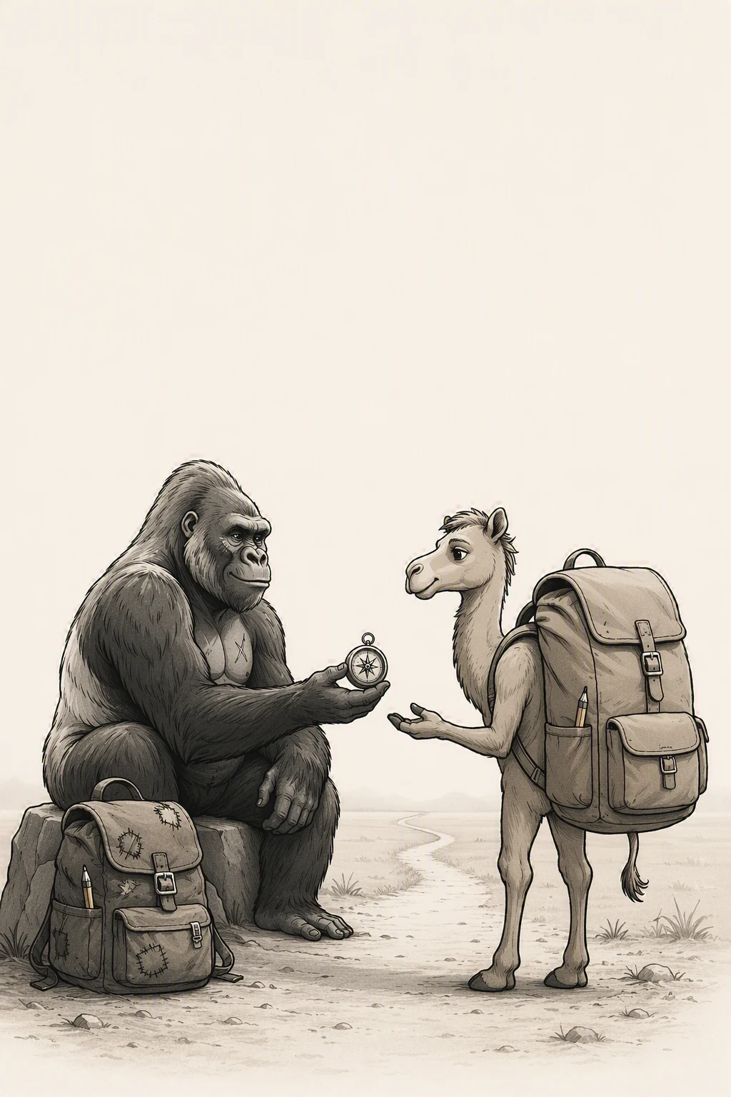 Cover illustration: a scarred gorilla seated on a rock holding a compass, offering direction to a camel carrying a patched backpack.