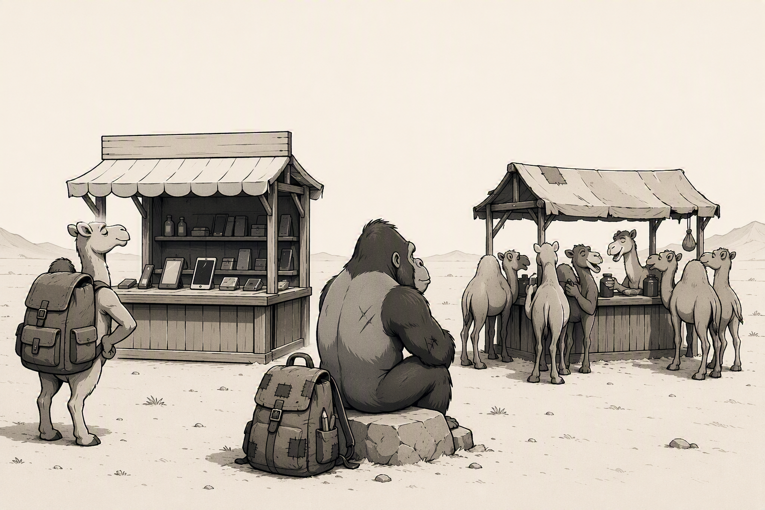 A gorilla sits on a rock between two market scenes. On the left, an untended glossy kiosk with a striped awning displays electronics and gadgets on shelves, with no customers present. On the right, a plain wooden-roofed camel trading post is crowded with several camels actively exchanging goods and jars.