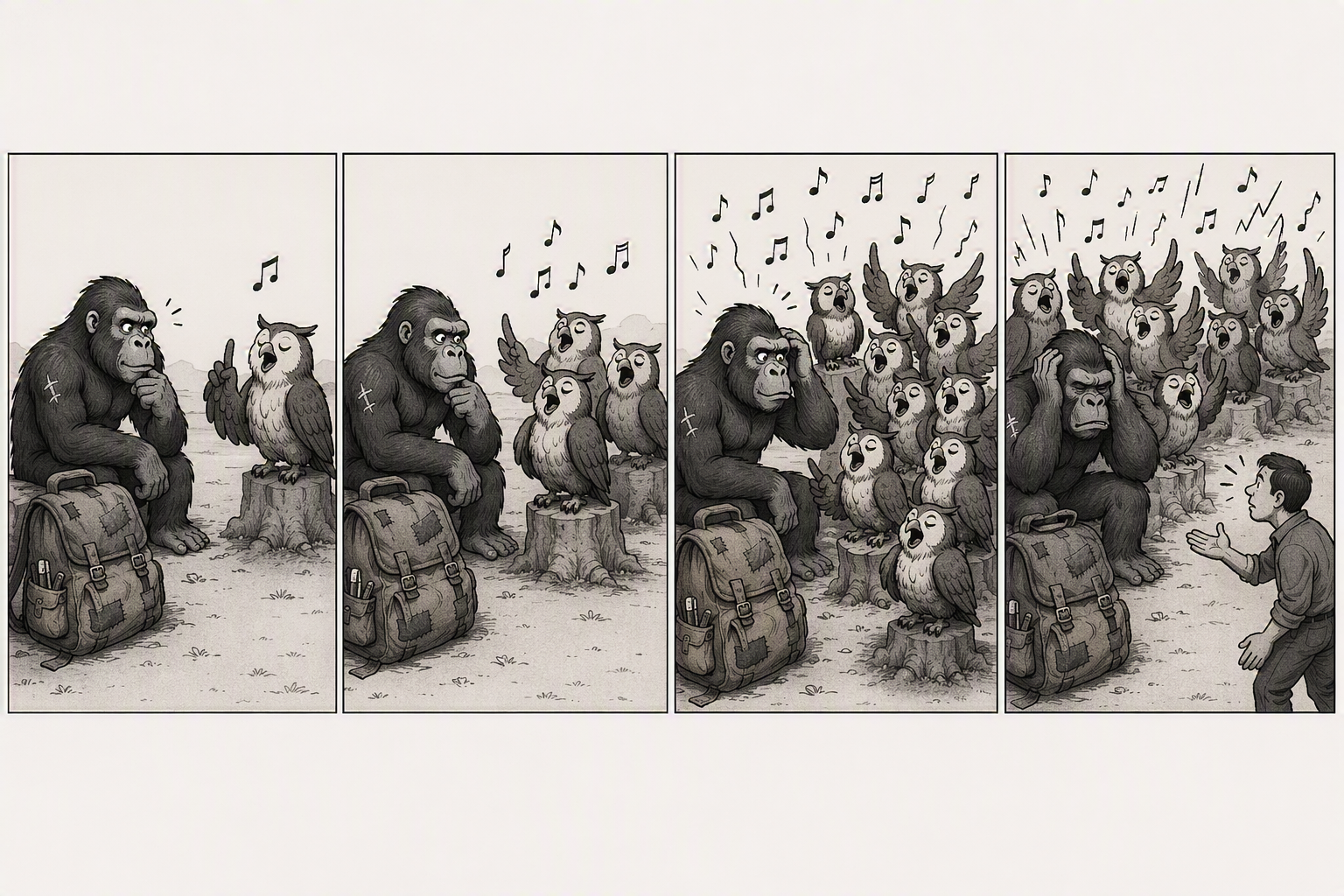 Four-panel illustration: a gorilla listens to a single hooting owl on a tree stump; more owls join panel by panel until a crowd of them hoots at once in a storm of music notes, and in the final panel a man trying to speak is drowned out entirely by the commotion while the gorilla covers its ears.