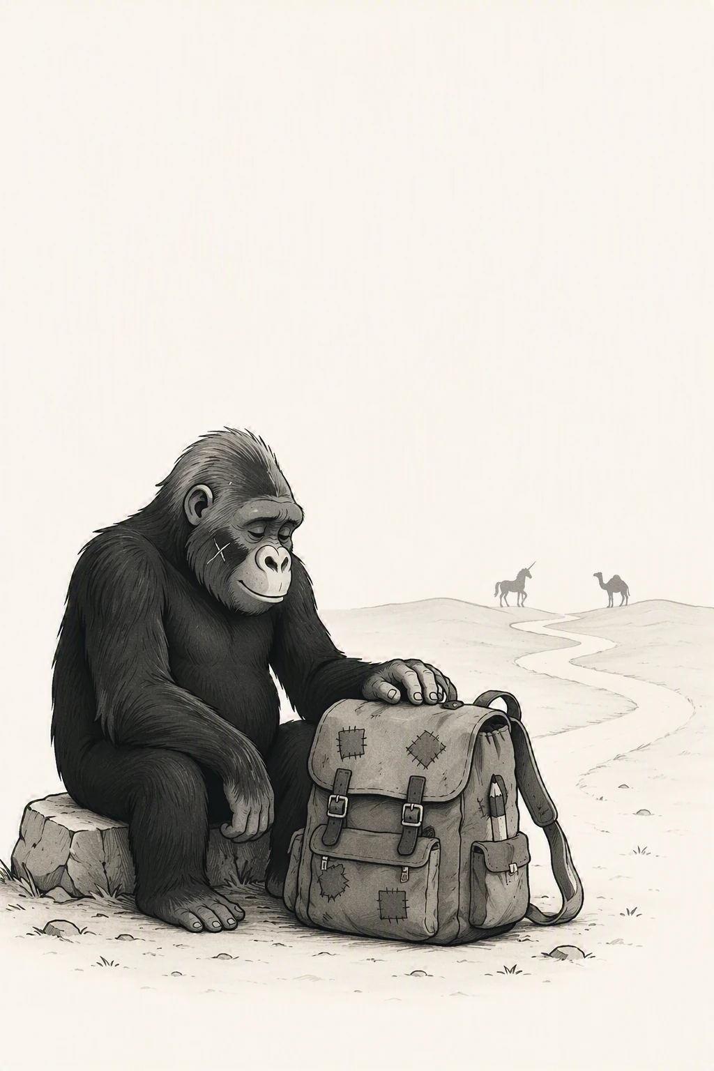 The gorilla rests a hand on a patched backpack and looks calmly down a track that leads over a rise where a camel and a unicorn stand together on the horizon.