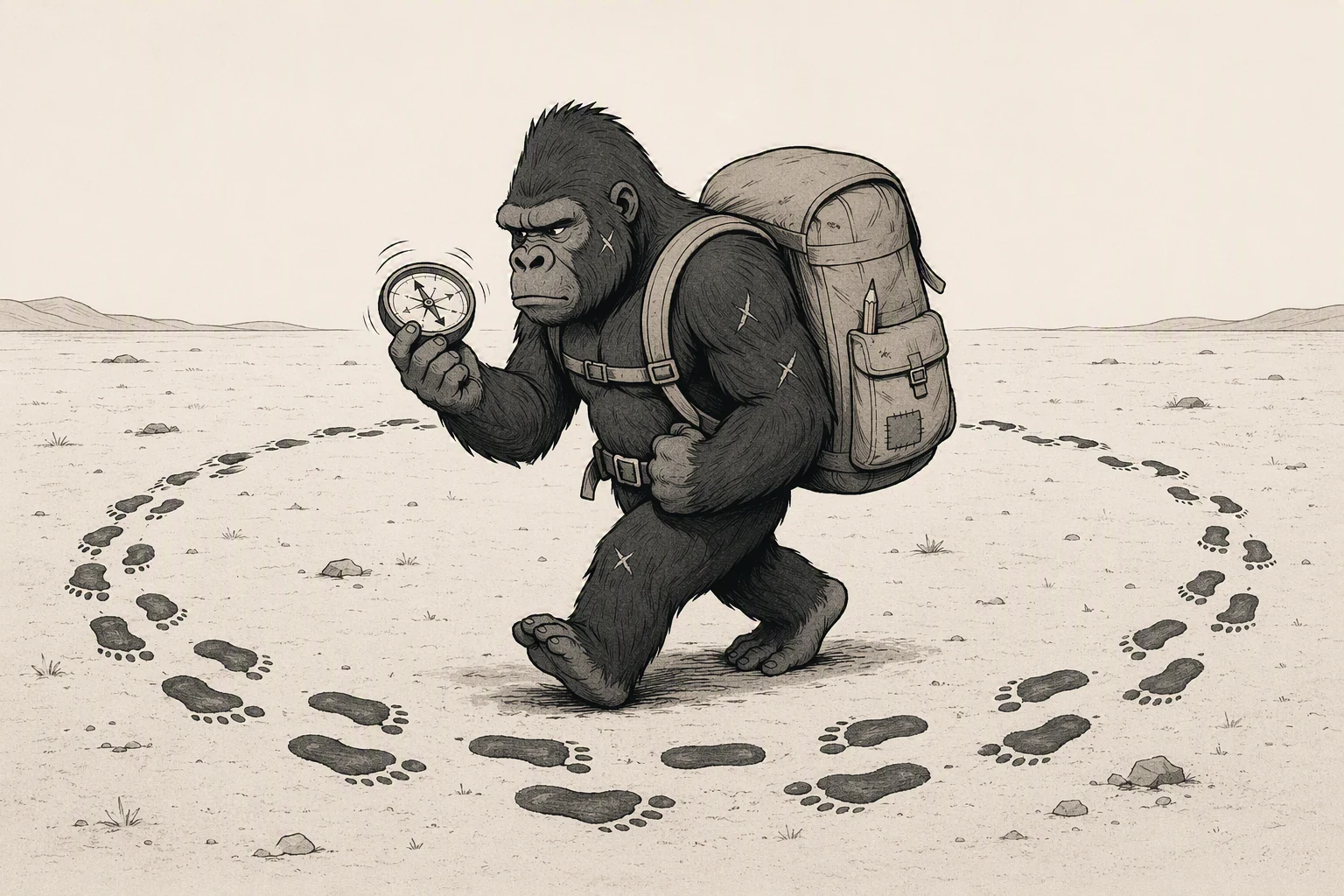 A scarred gorilla with a backpack walks a wide circle across empty ground, squinting at a spinning compass while its own footprints loop back on themselves.